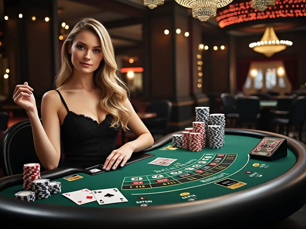 Meja baccarat live dengan dealer dan kartu permainan